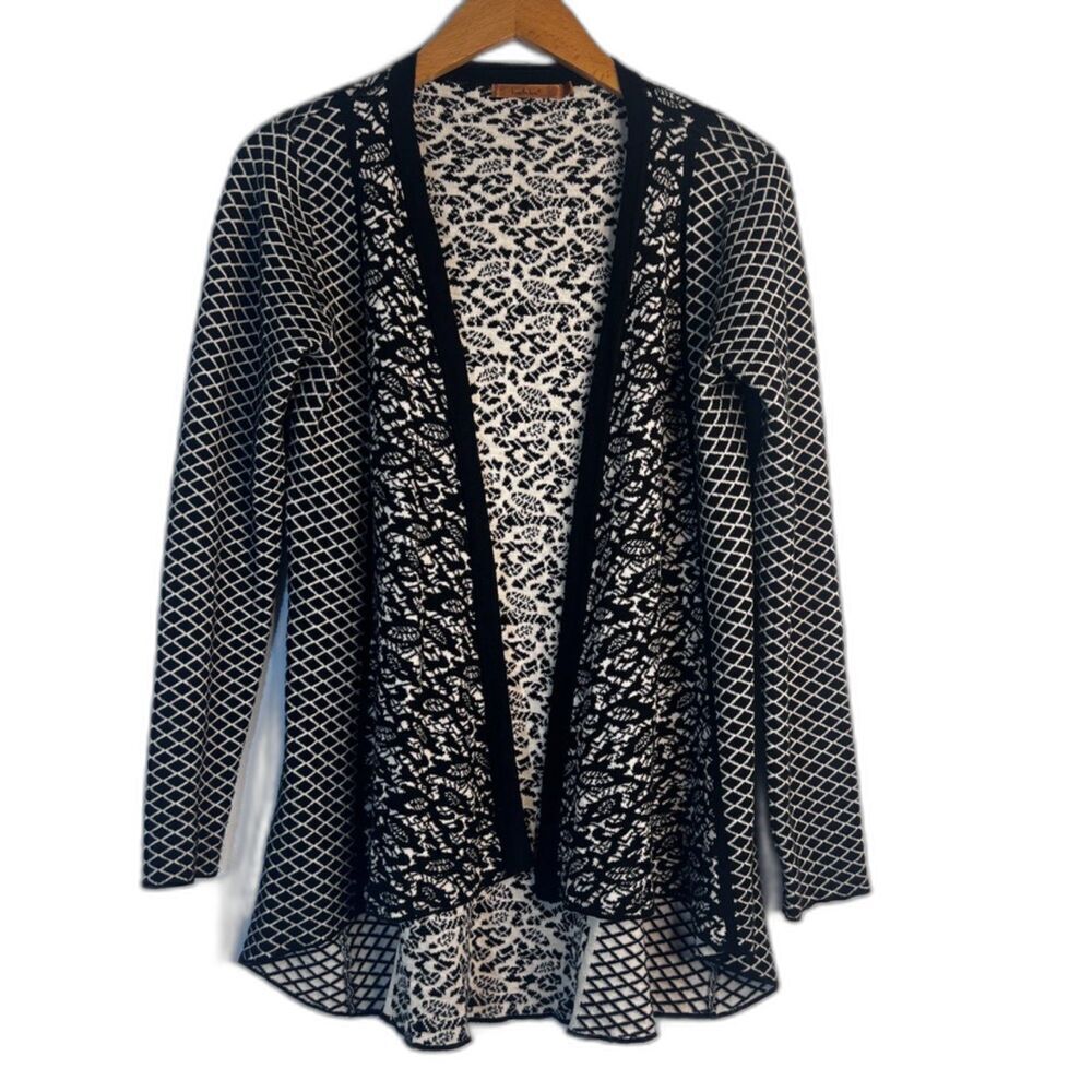 Belldini Black White Open Front Waterfall Long Sleeve Cardigan Size Small